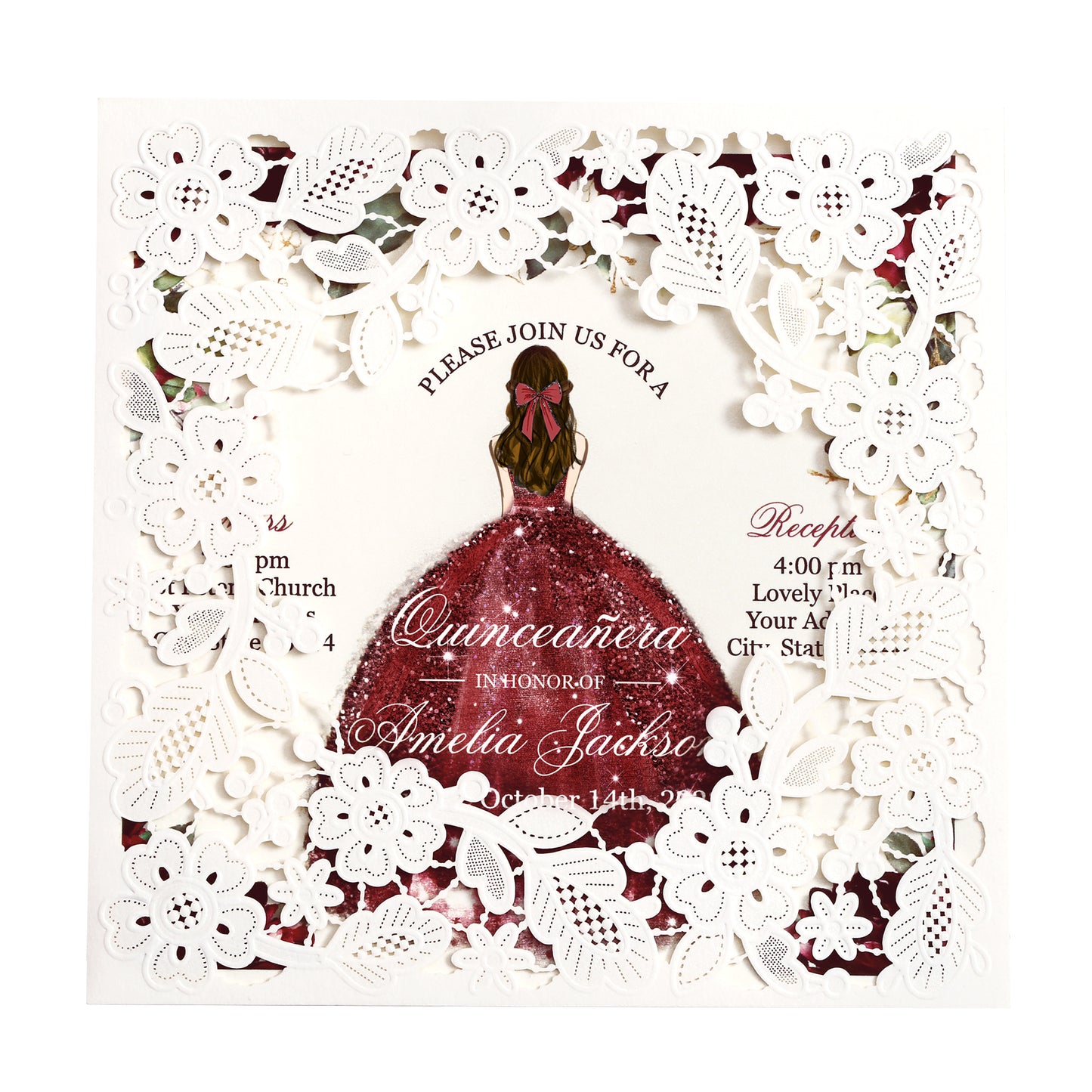 Customized Quinceanera Invitation Burgundy, Elegant 15 years Invitations Sweet 16, Miss XV, Birthday Laser Cut Quince Invitation Cards White Personalized