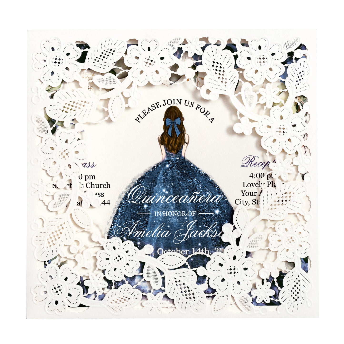 Customized Quinceanera Invitation Navy Blue, Elegant 15 years Invitations Sweet 16, Miss XV, Birthday Laser Cut Quince Invitation Cards White Personalized