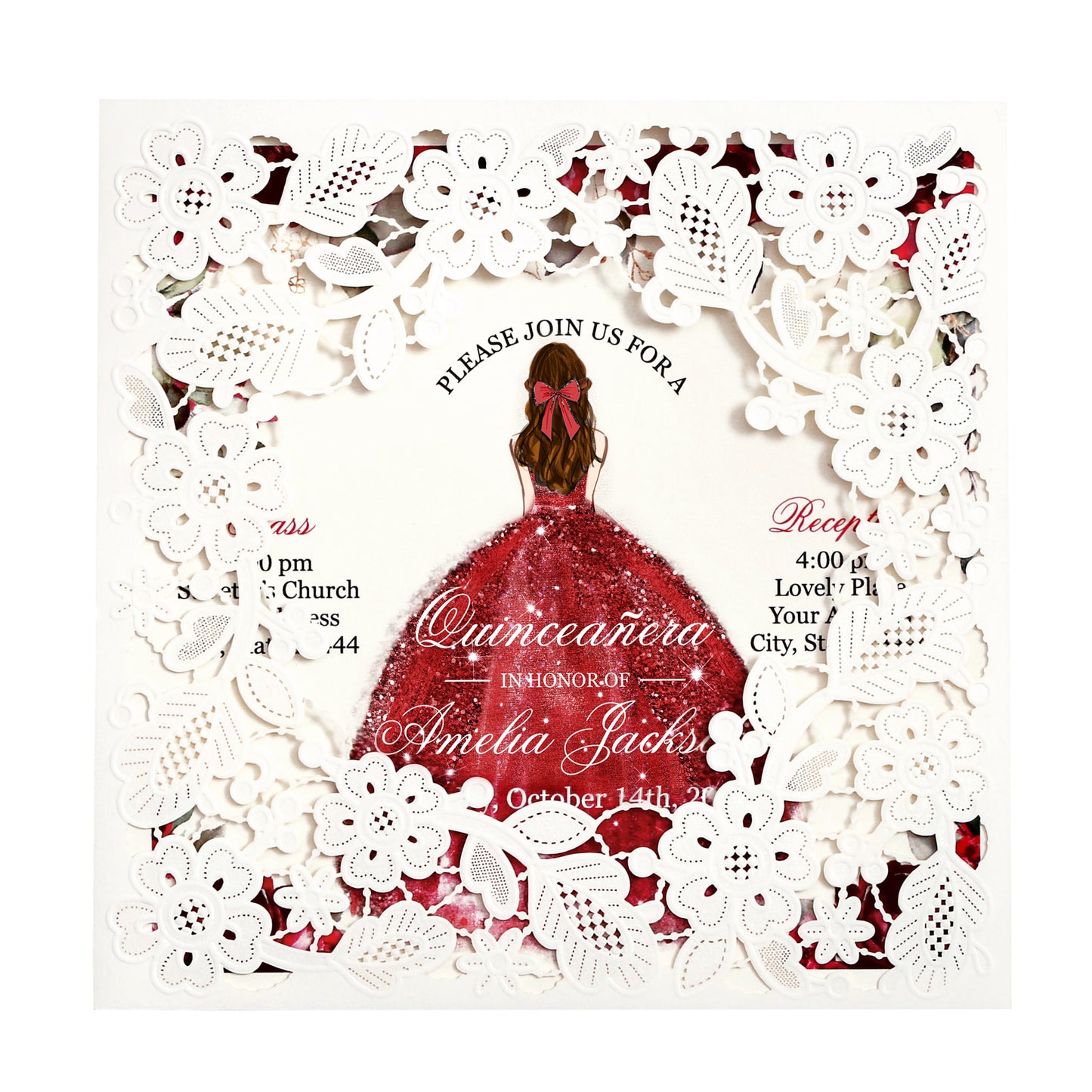 Customized Quinceanera Invitation Red, Elegant 15 years Invitations Sweet 16, Miss XV, Birthday Laser Cut Quince Invitation Cards White Personalized