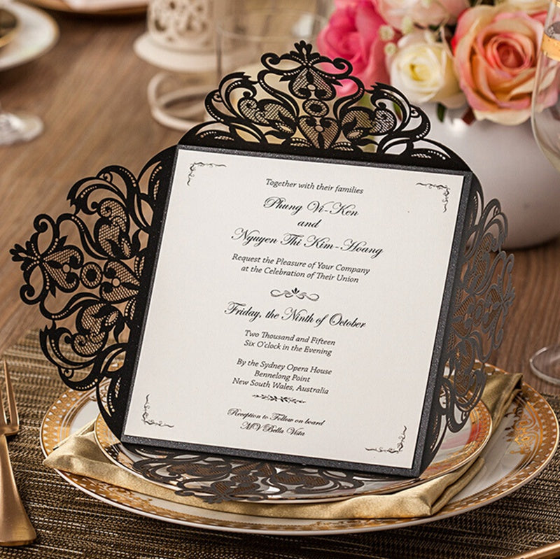 Square Black Lase-cut Lace Flower Pattern Wedding Invitations