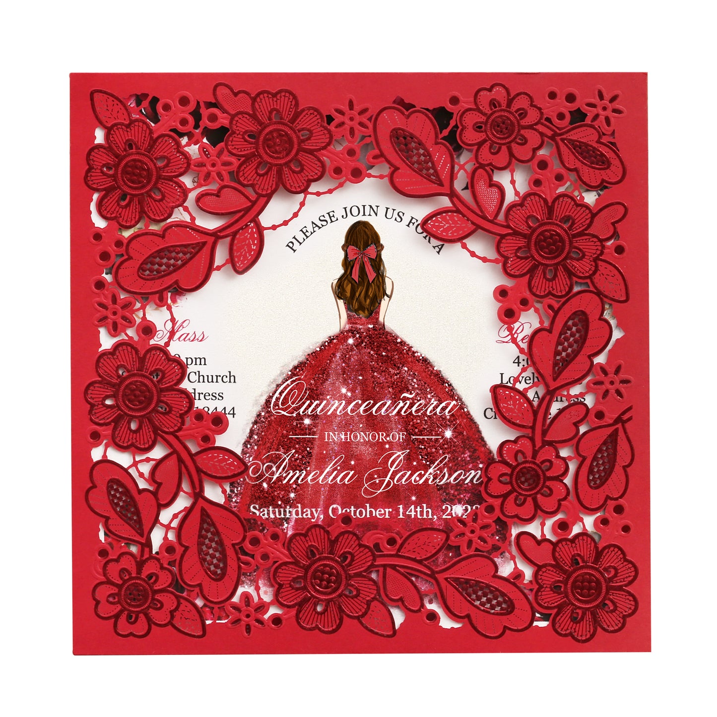 Customized Quinceanera Invitation Red, Elegant 15 years Invitations Sweet 16, Miss XV, Birthday Laser Cut Quince Invitation Cards Red Personalized