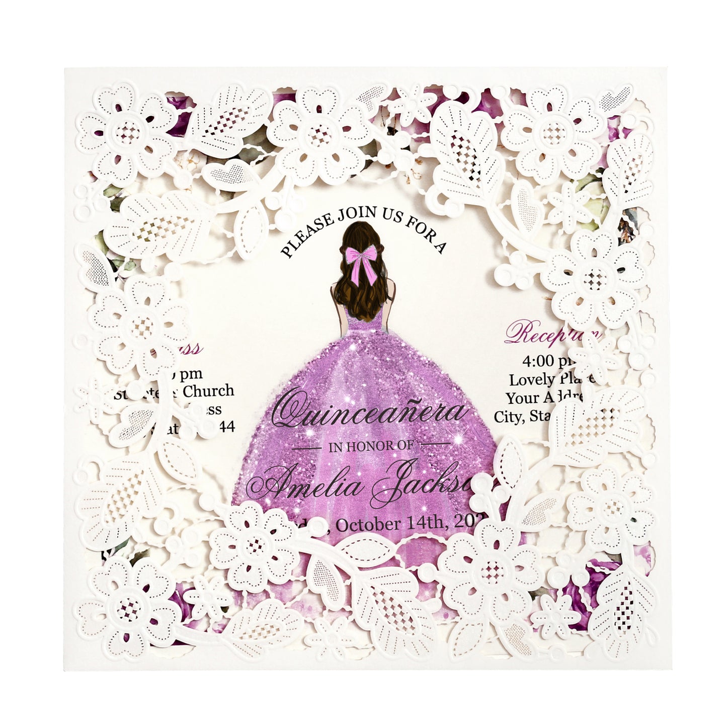 Customized Quinceanera Invitation Lilac, Elegant 15 years Invitations Sweet 16, Miss XV, Birthday Laser Cut Quince Invitation Cards White Personalized