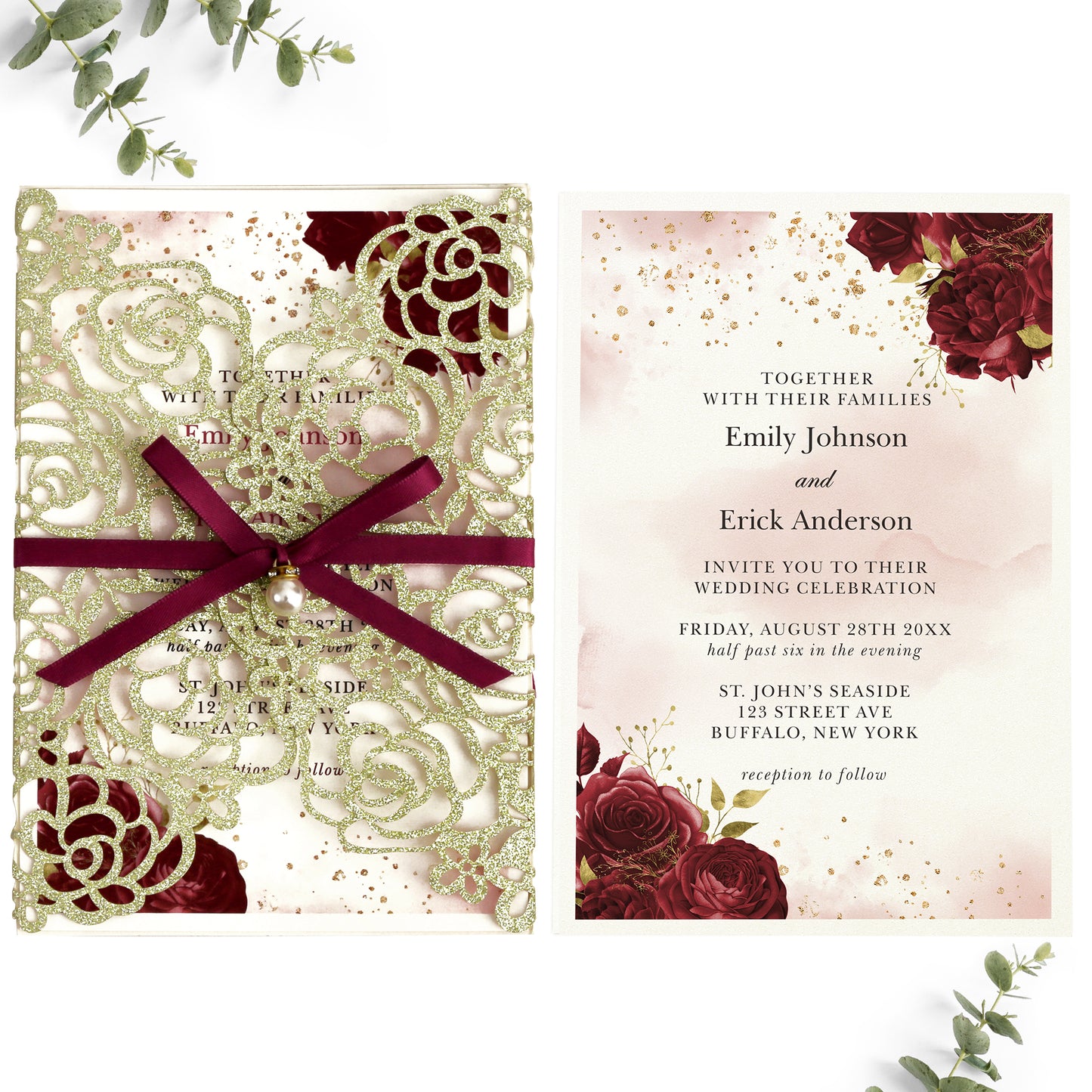 Gold Glitter Floral Laser cut invitation cards with Burgundy Ribbon and Pearl for Wedding Anniversary