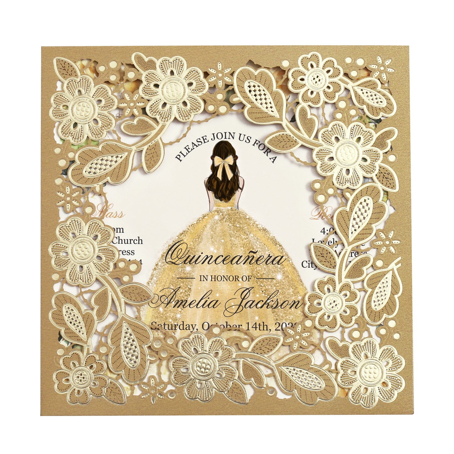 Customized Quinceanera Invitation Gold, Elegant 15 years Invitations Sweet 16, Miss XV, Birthday Laser Cut Quince Invitation Cards Gold Personalized