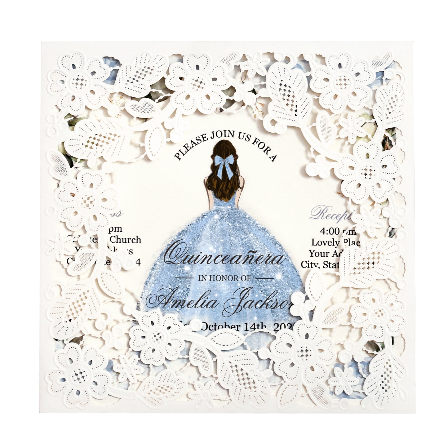 Customized Quinceanera Invitation Dusty Blue, Elegant 15 years Invitations Sweet 16, Miss XV, Birthday Laser Cut Quince Invitation Cards White Personalized