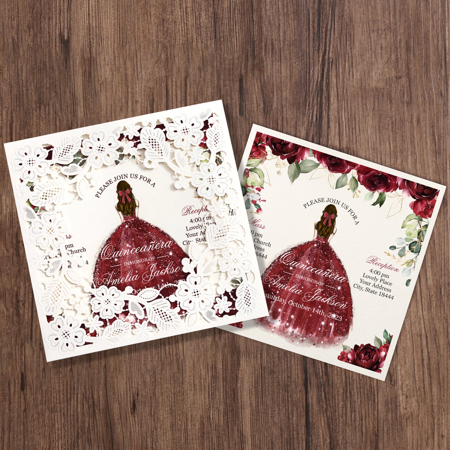 Customized Quinceanera Invitation Burgundy, Elegant 15 years Invitations Sweet 16, Miss XV, Birthday Laser Cut Quince Invitation Cards White Personalized