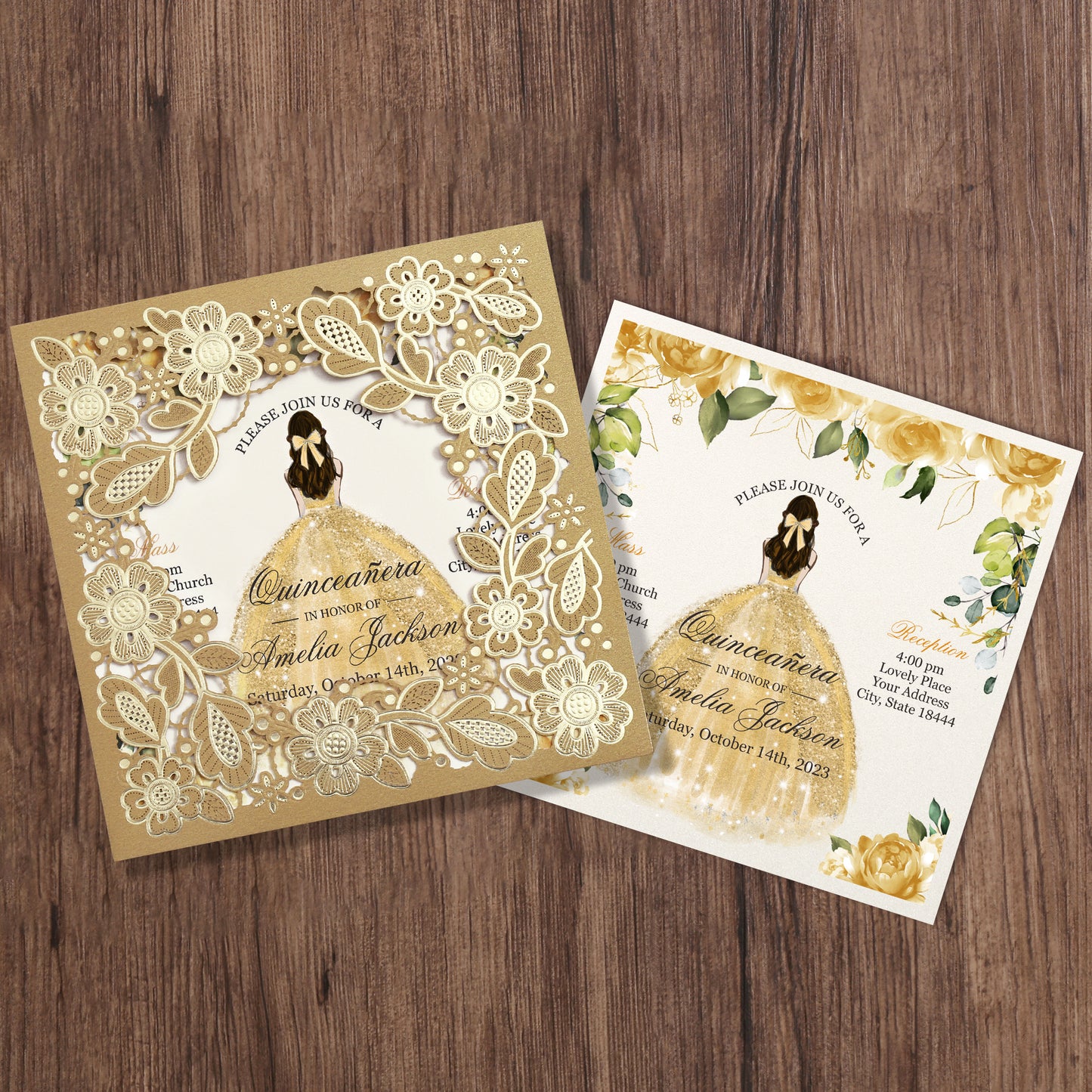 Customized Quinceanera Invitation Gold, Elegant 15 years Invitations Sweet 16, Miss XV, Birthday Laser Cut Quince Invitation Cards Gold Personalized