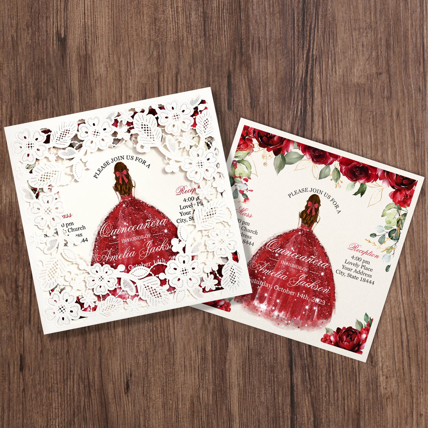 Customized Quinceanera Invitation Red, Elegant 15 years Invitations Sweet 16, Miss XV, Birthday Laser Cut Quince Invitation Cards White Personalized