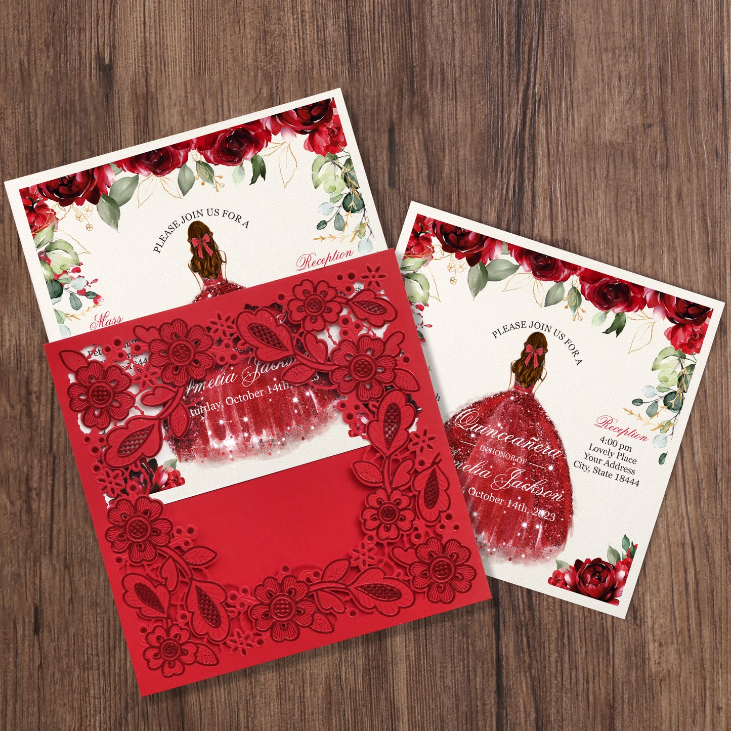 Customized Quinceanera Invitation Red, Elegant 15 years Invitations Sweet 16, Miss XV, Birthday Laser Cut Quince Invitation Cards Red Personalized