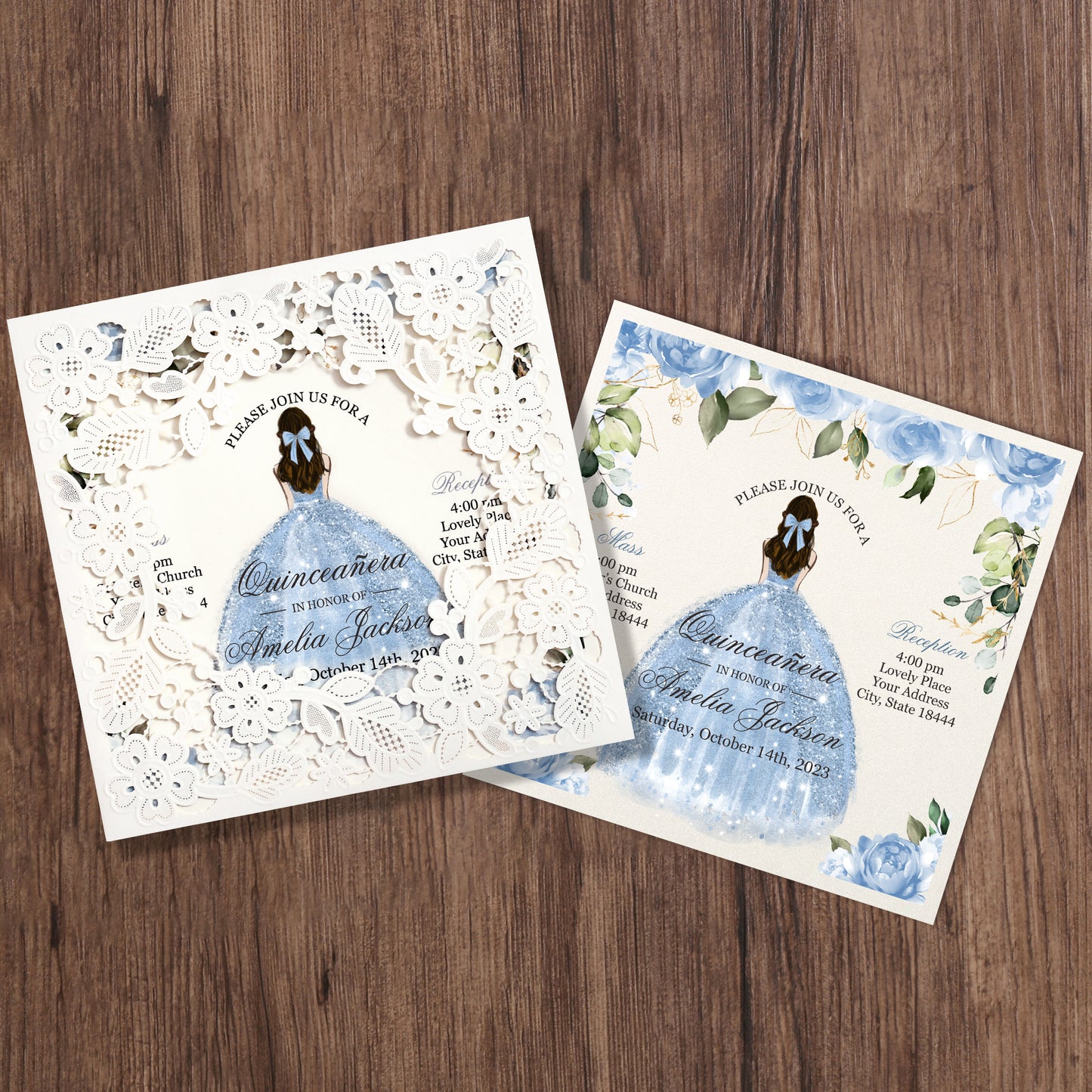 Customized Quinceanera Invitation Dusty Blue, Elegant 15 years Invitations Sweet 16, Miss XV, Birthday Laser Cut Quince Invitation Cards White Personalized