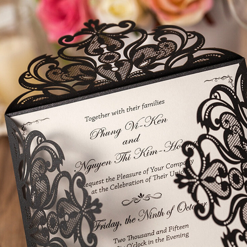 Square Black Lase-cut Lace Flower Pattern Wedding Invitations