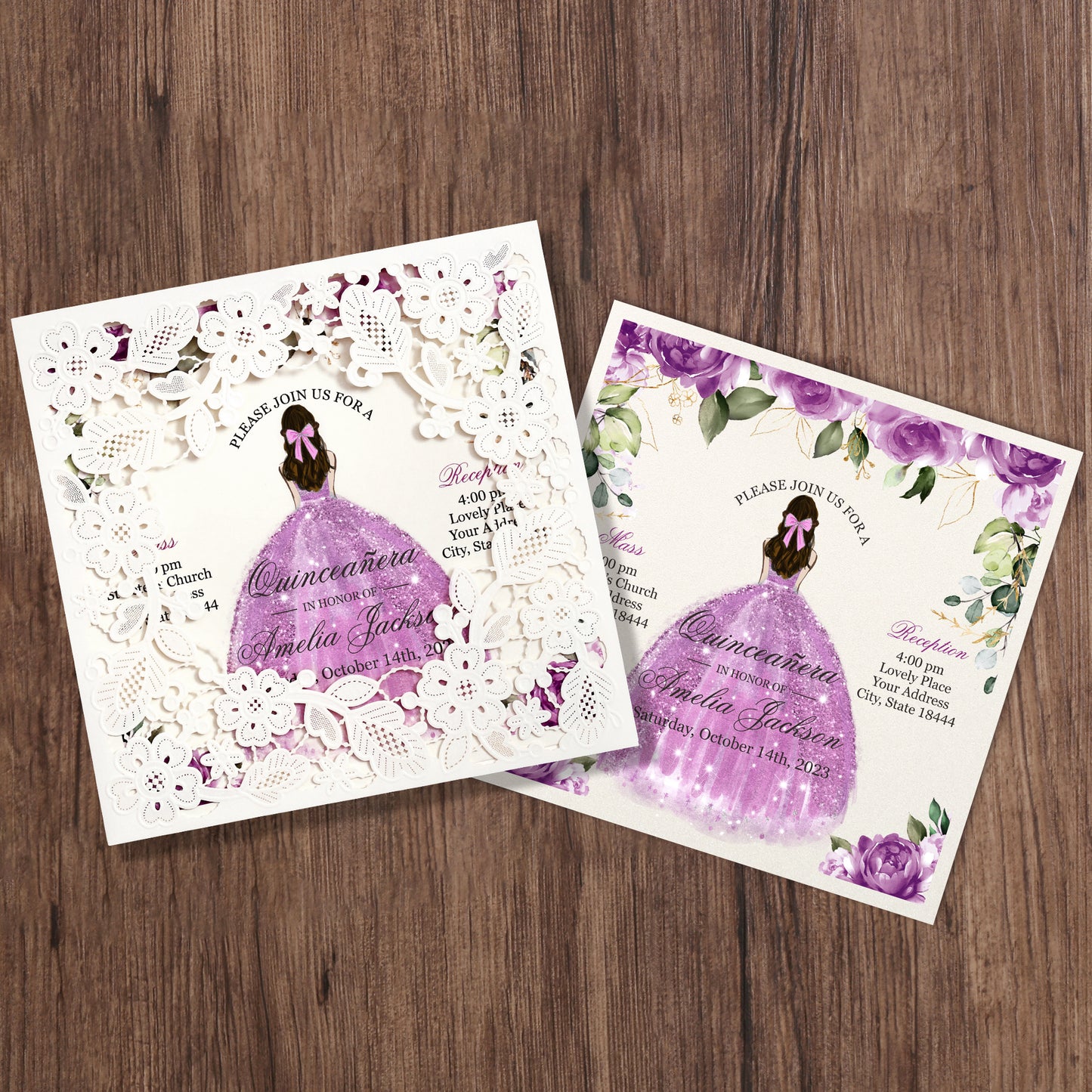Customized Quinceanera Invitation Lilac, Elegant 15 years Invitations Sweet 16, Miss XV, Birthday Laser Cut Quince Invitation Cards White Personalized