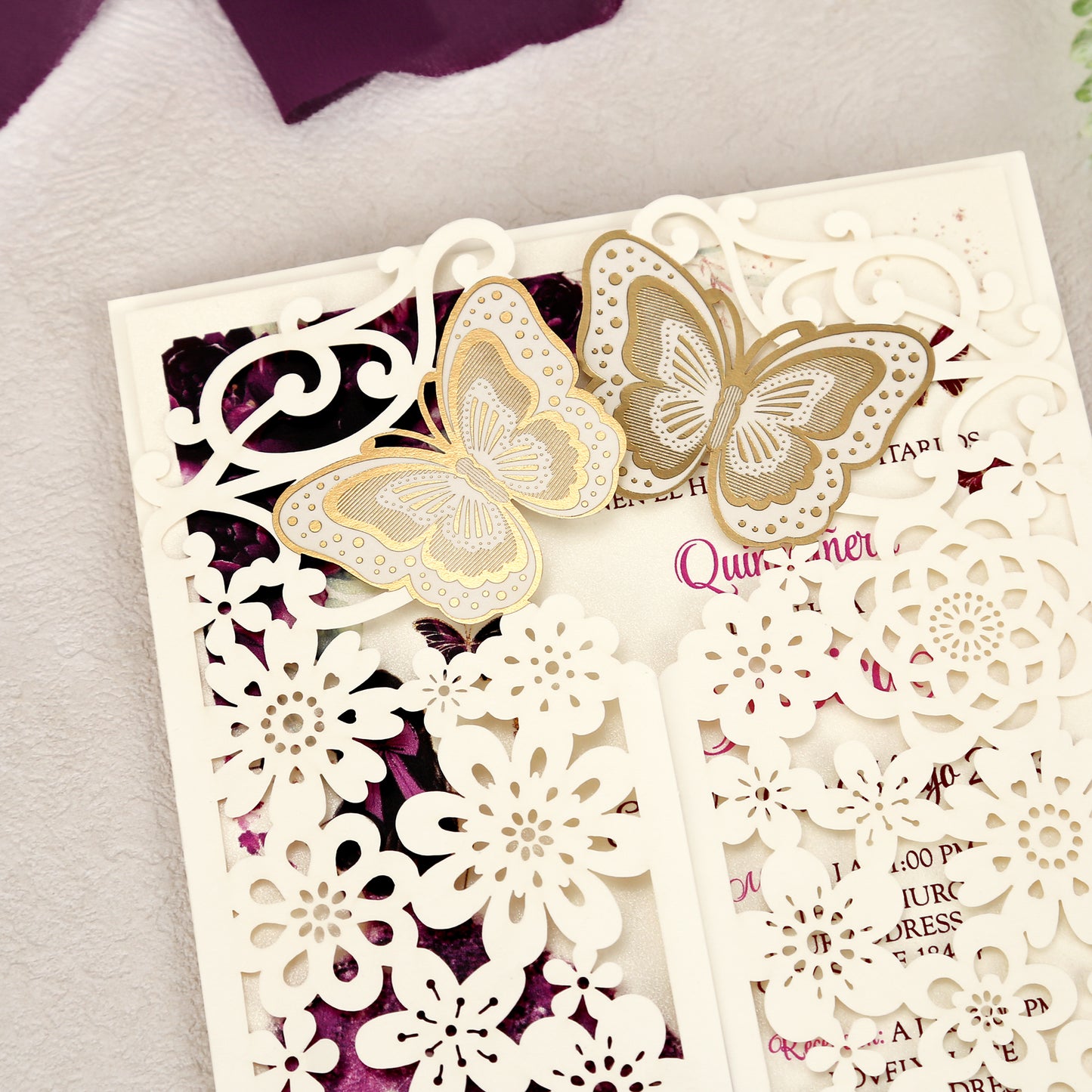 Butterfly Quinceanera Invitation Purple for 15 year, Sweet 16, Miss XV, Birthday Laser Cut Quince Invitation Cards Personalized Ivory White
