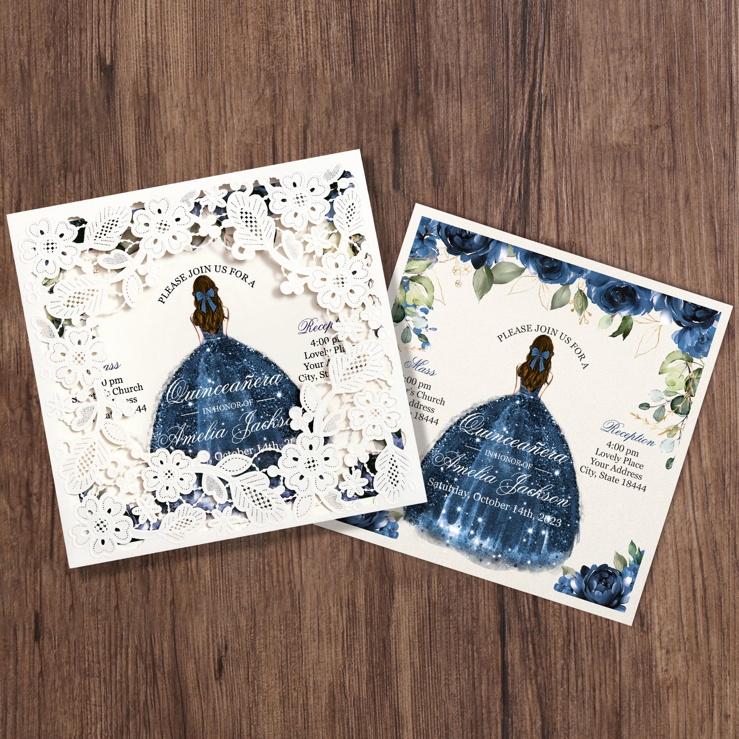 Customized Quinceanera Invitation Navy Blue, Elegant 15 years Invitations Sweet 16, Miss XV, Birthday Laser Cut Quince Invitation Cards White Personalized