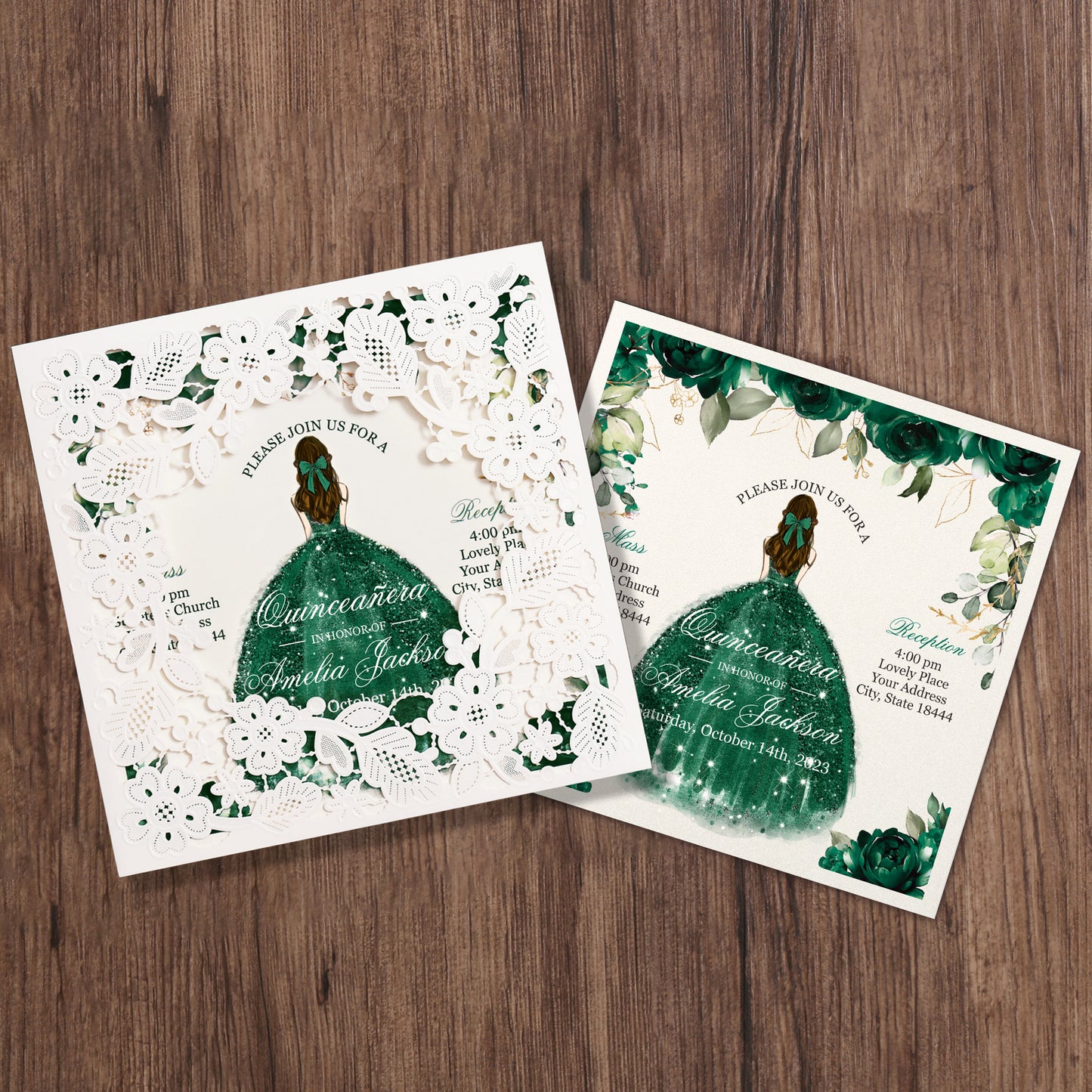 Customized Quinceanera Invitation Emerald Green, Elegant 15 years Invitations Sweet 16, Miss XV, Birthday Laser Cut Quince Invitation Cards White Personalized