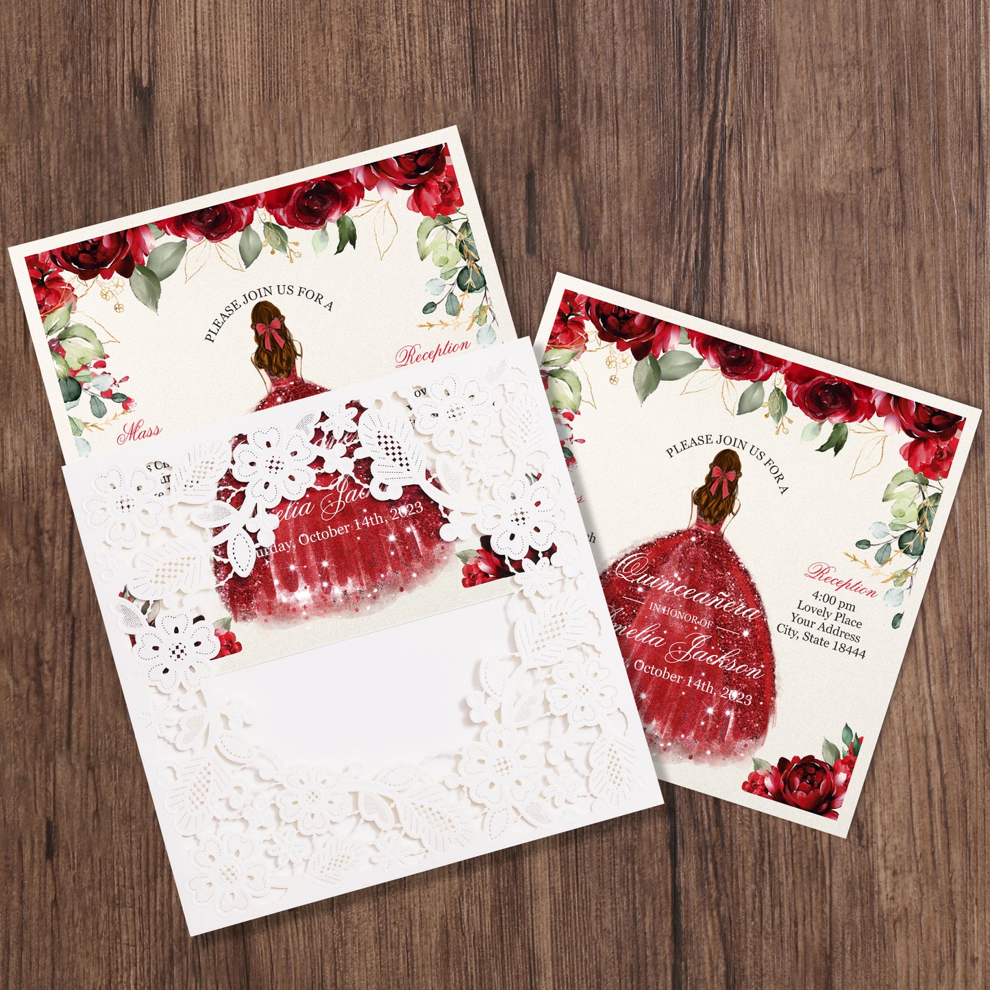 Customized Quinceanera Invitation Red, Elegant 15 years Invitations Sweet 16, Miss XV, Birthday Laser Cut Quince Invitation Cards White Personalized