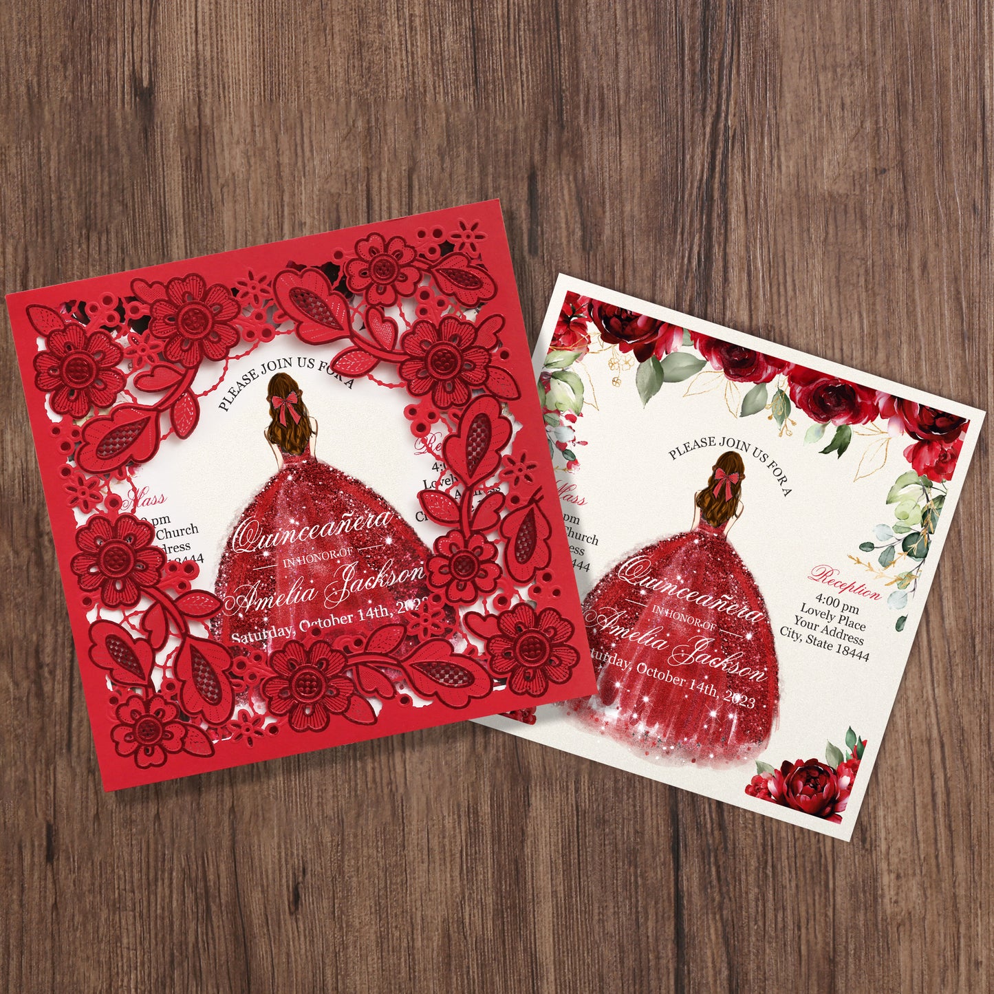 Customized Quinceanera Invitation Red, Elegant 15 years Invitations Sweet 16, Miss XV, Birthday Laser Cut Quince Invitation Cards Red Personalized