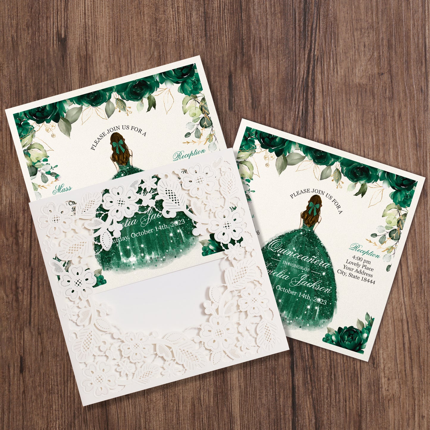 Customized Quinceanera Invitation Emerald Green, Elegant 15 years Invitations Sweet 16, Miss XV, Birthday Laser Cut Quince Invitation Cards White Personalized