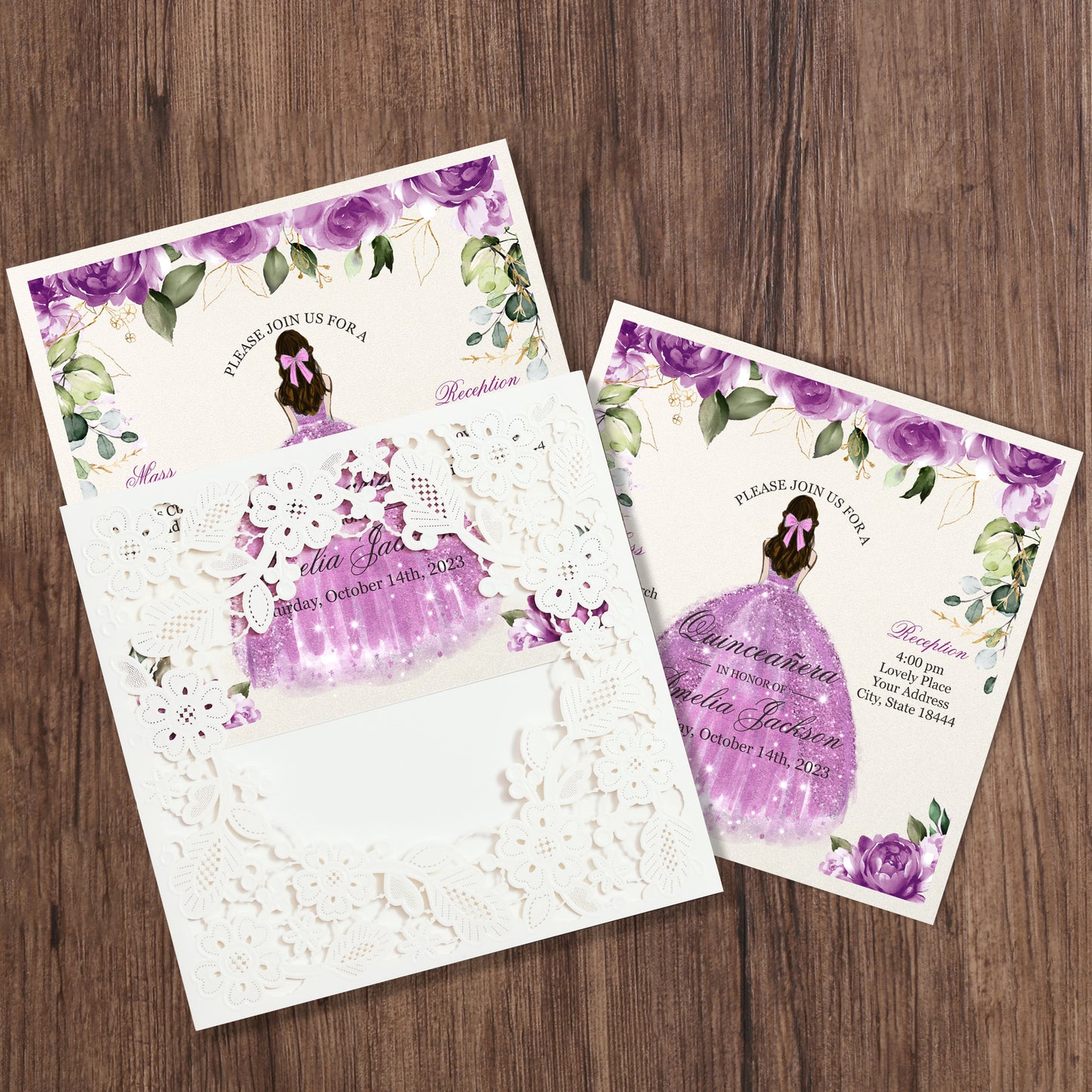 Customized Quinceanera Invitation Lilac, Elegant 15 years Invitations Sweet 16, Miss XV, Birthday Laser Cut Quince Invitation Cards White Personalized