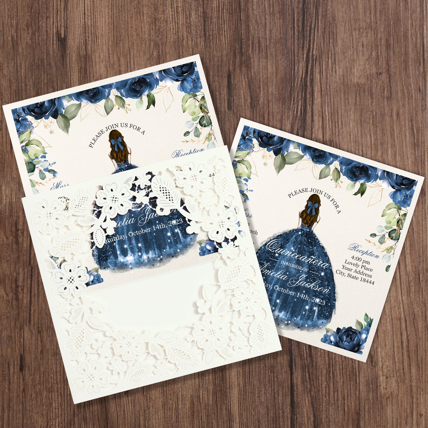 Customized Quinceanera Invitation Navy Blue, Elegant 15 years Invitations Sweet 16, Miss XV, Birthday Laser Cut Quince Invitation Cards White Personalized