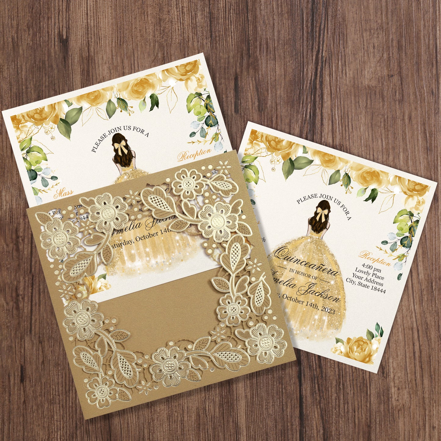 Customized Quinceanera Invitation Gold, Elegant 15 years Invitations Sweet 16, Miss XV, Birthday Laser Cut Quince Invitation Cards Gold Personalized