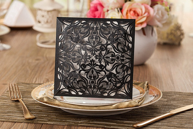 Square Black Lase-cut Lace Flower Pattern Wedding Invitations