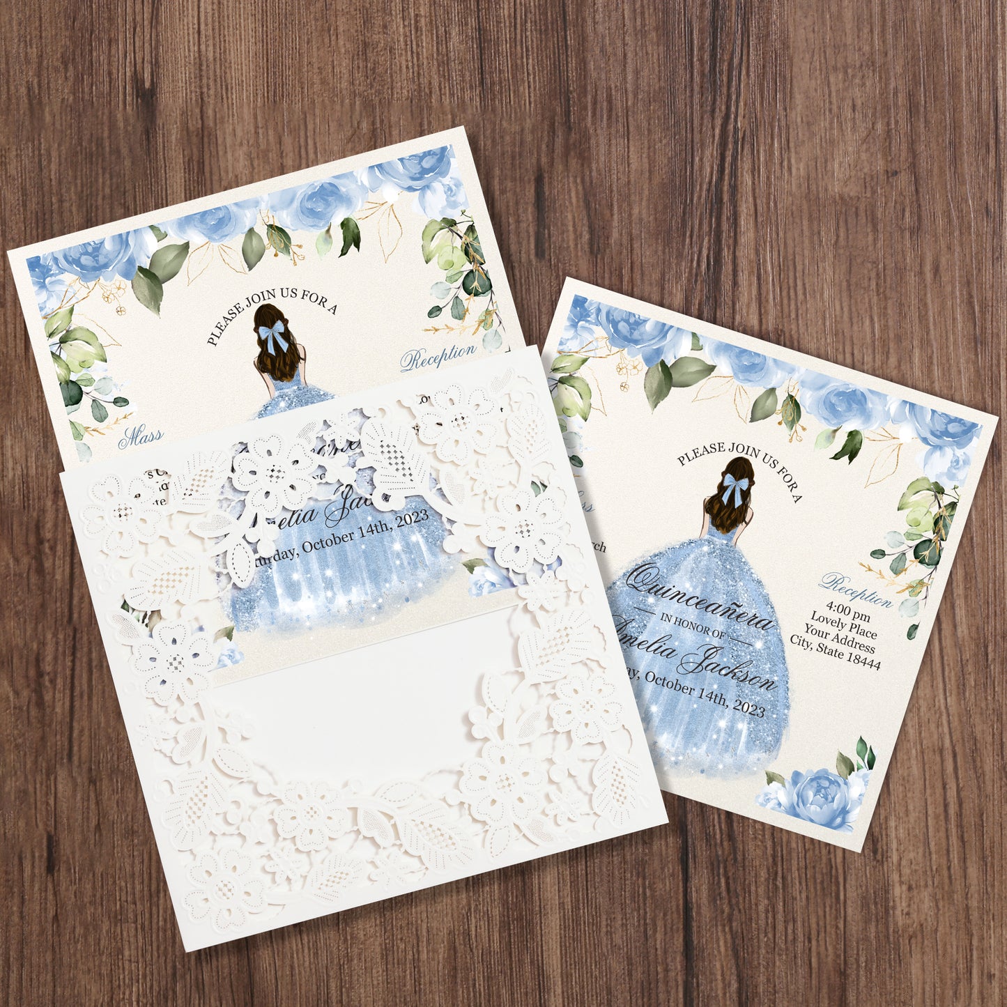 Customized Quinceanera Invitation Dusty Blue, Elegant 15 years Invitations Sweet 16, Miss XV, Birthday Laser Cut Quince Invitation Cards White Personalized