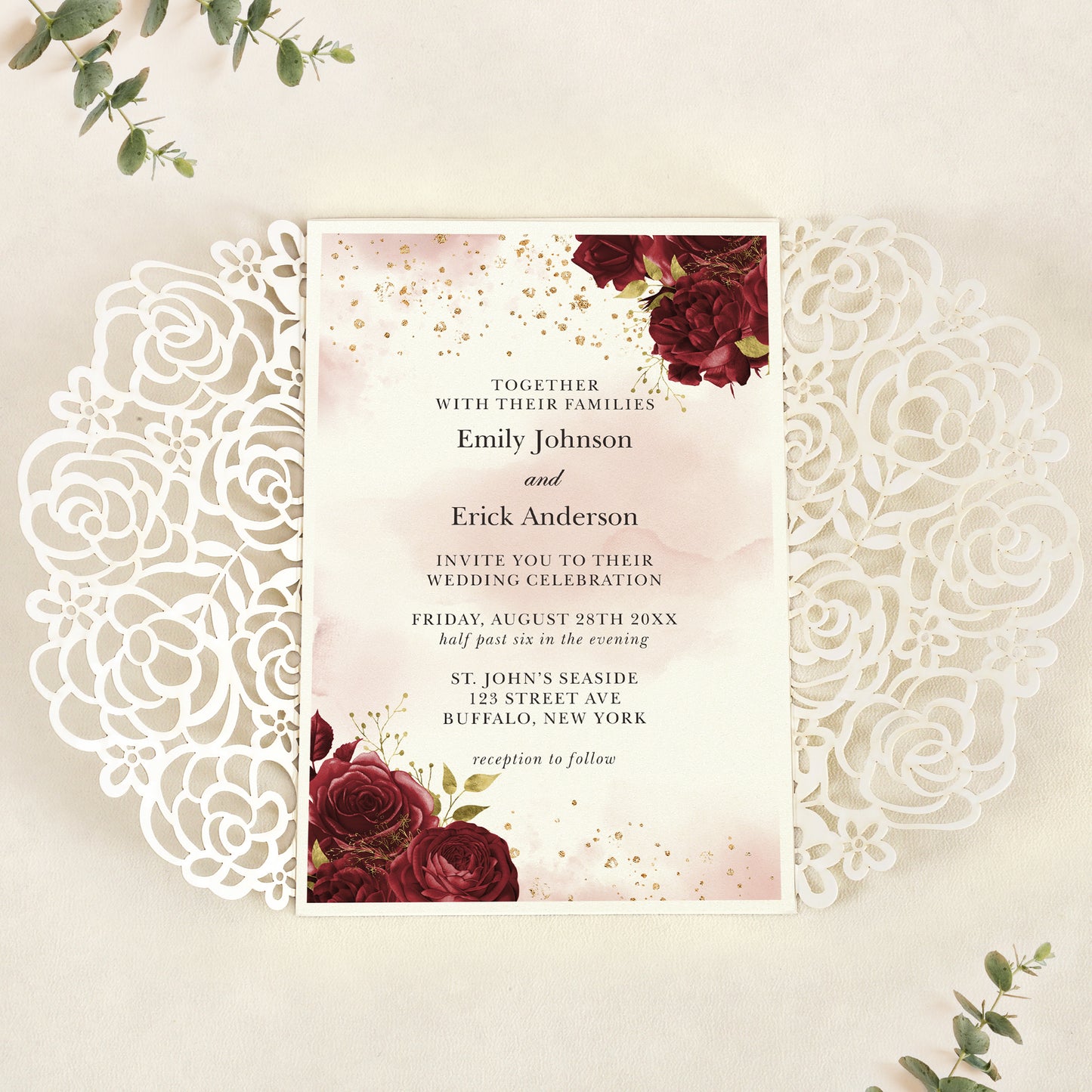 Gold Glitter Floral Laser cut invitation cards with Burgundy Ribbon and Pearl for Wedding Anniversary