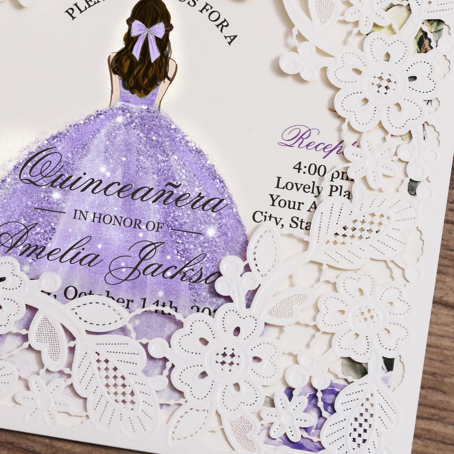 Customized Quinceanera Invitation Lavender, Elegant 15 years Invitations Sweet 16, Miss XV, Birthday Laser Cut Quince Invitation Cards White Personalized