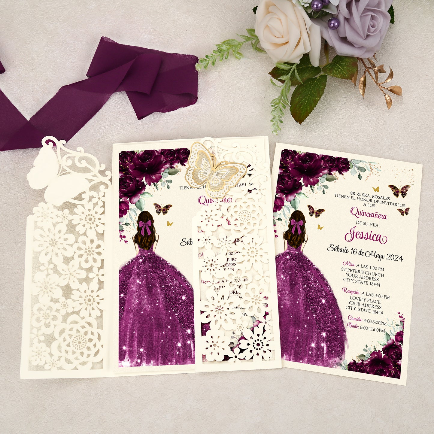 Butterfly Quinceanera Invitation Purple for 15 year, Sweet 16, Miss XV, Birthday Laser Cut Quince Invitation Cards Personalized Ivory White