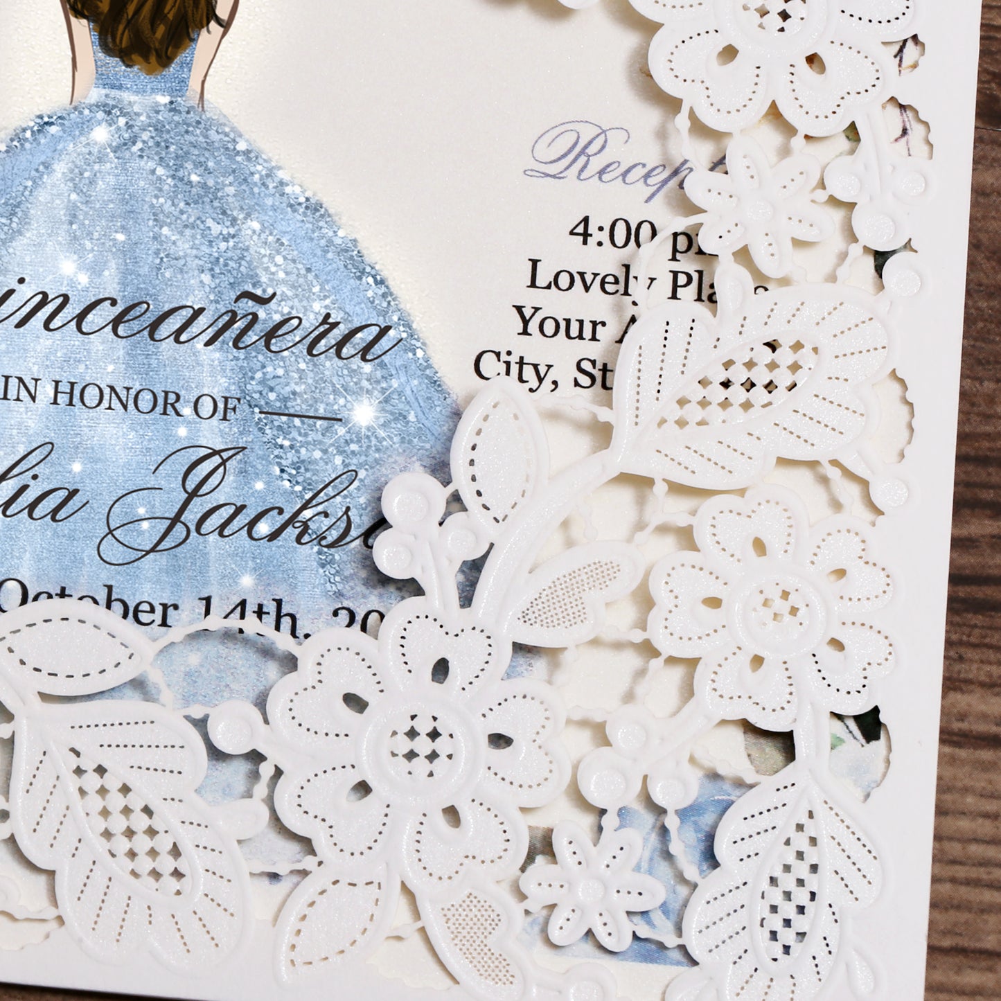 Customized Quinceanera Invitation Dusty Blue, Elegant 15 years Invitations Sweet 16, Miss XV, Birthday Laser Cut Quince Invitation Cards White Personalized