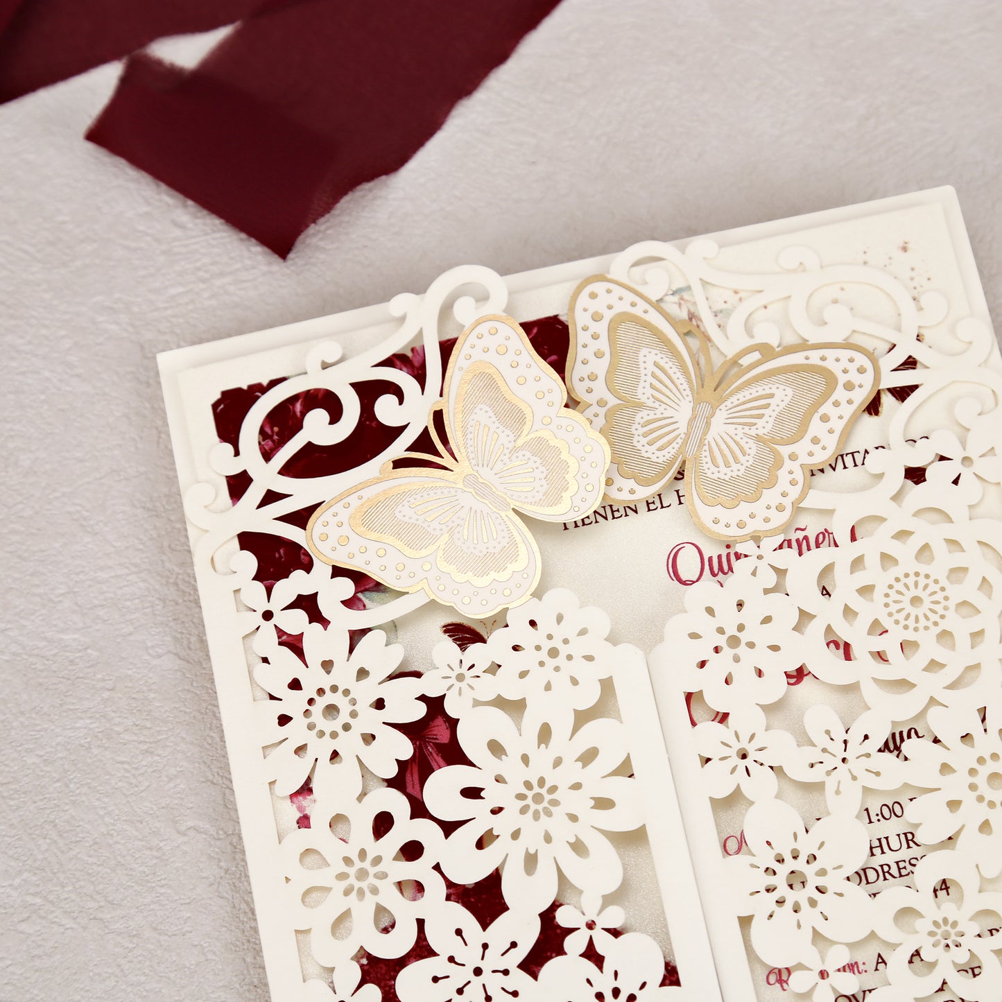 Butterfly Quinceanera Invitation Burgundy for 15 year, Sweet 16, Miss XV, Birthday Laser Cut Quince Invitation Cards Personalized Ivory White