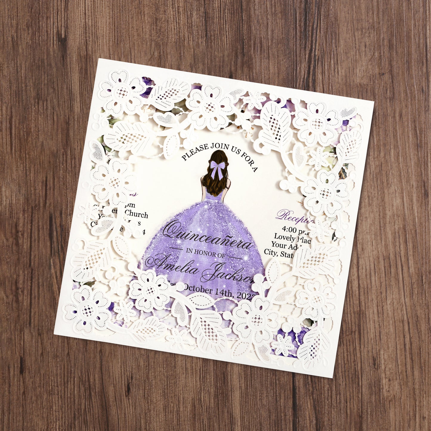Customized Quinceanera Invitation Lavender, Elegant 15 years Invitations Sweet 16, Miss XV, Birthday Laser Cut Quince Invitation Cards White Personalized