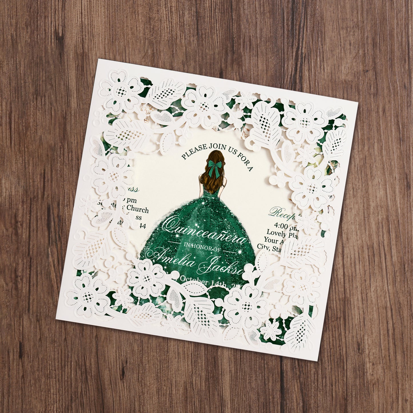 Customized Quinceanera Invitation Emerald Green, Elegant 15 years Invitations Sweet 16, Miss XV, Birthday Laser Cut Quince Invitation Cards White Personalized