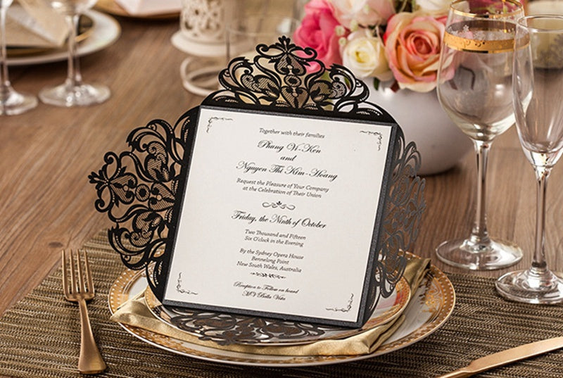 Square Black Lase-cut Lace Flower Pattern Wedding Invitations