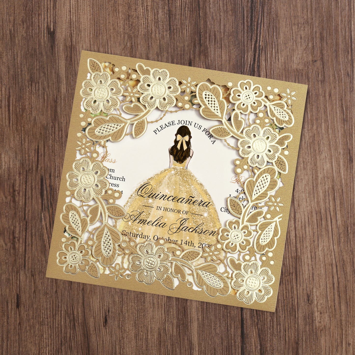 Customized Quinceanera Invitation Gold, Elegant 15 years Invitations Sweet 16, Miss XV, Birthday Laser Cut Quince Invitation Cards Gold Personalized