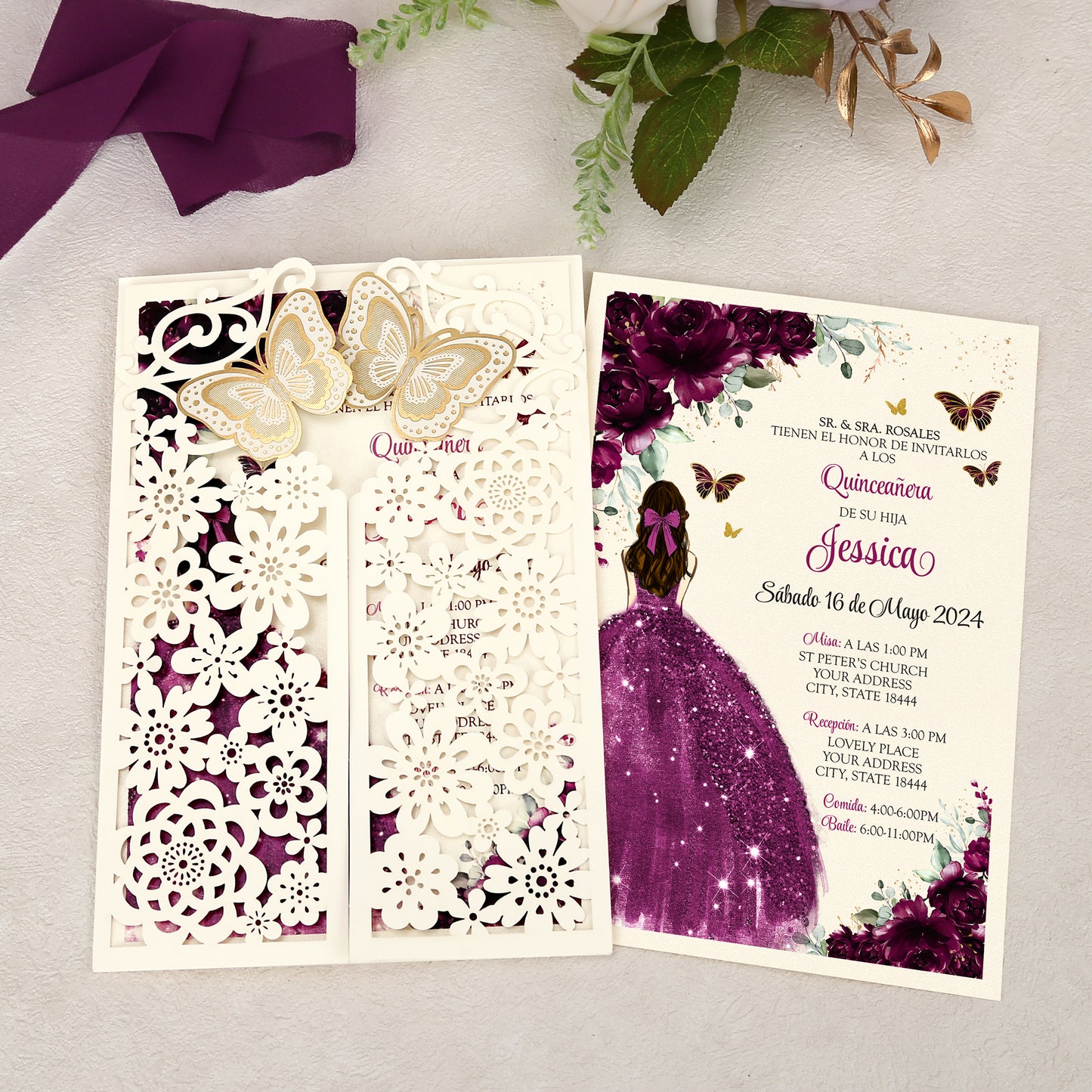 Butterfly Quinceanera Invitation Purple for 15 year, Sweet 16, Miss XV, Birthday Laser Cut Quince Invitation Cards Personalized Ivory White
