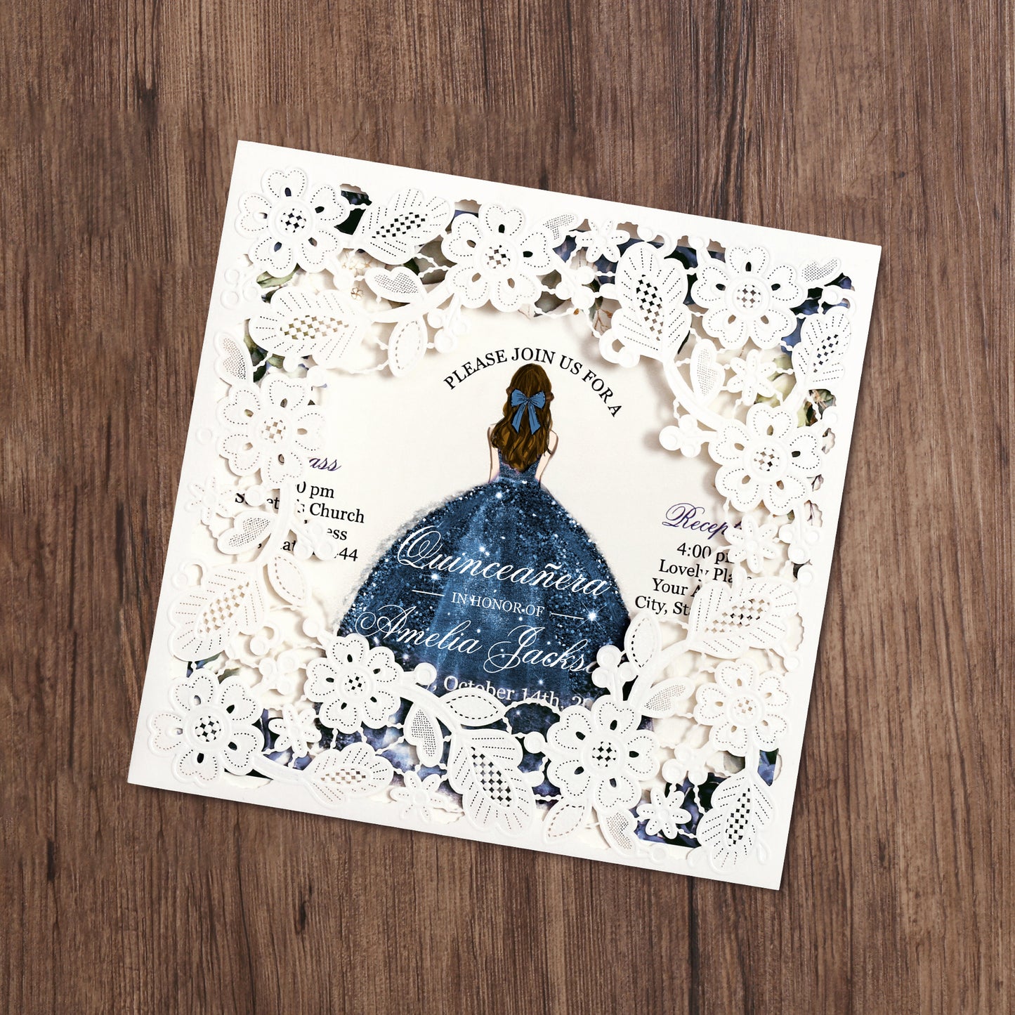 Customized Quinceanera Invitation Navy Blue, Elegant 15 years Invitations Sweet 16, Miss XV, Birthday Laser Cut Quince Invitation Cards White Personalized