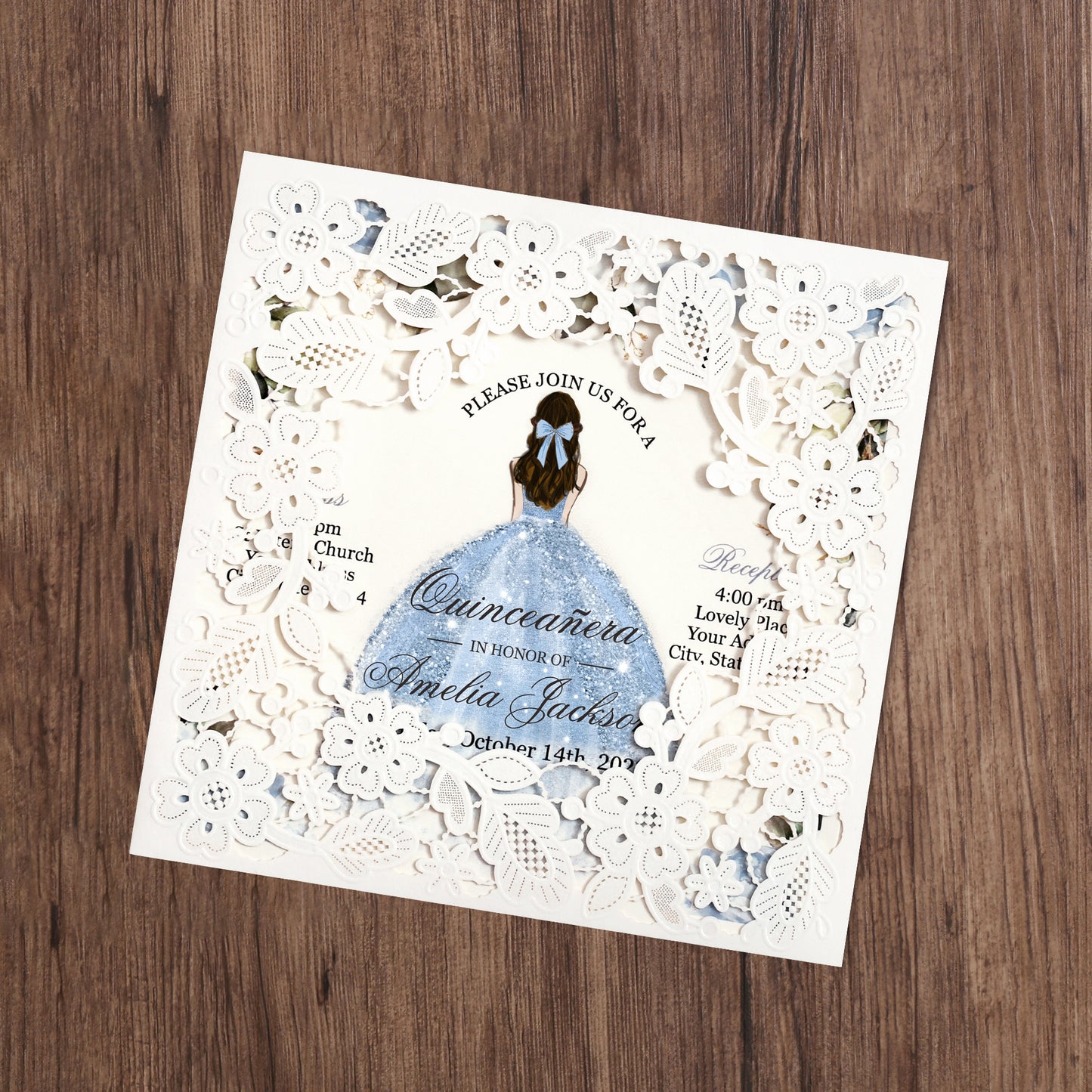 Customized Quinceanera Invitation Dusty Blue, Elegant 15 years Invitations Sweet 16, Miss XV, Birthday Laser Cut Quince Invitation Cards White Personalized