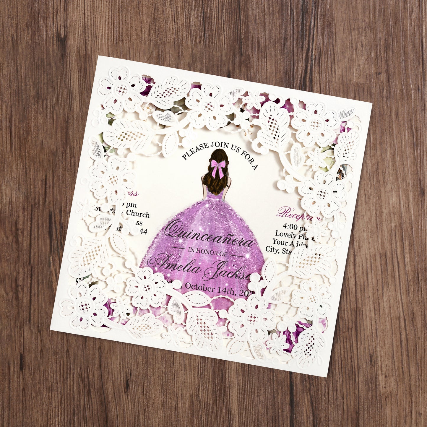 Customized Quinceanera Invitation Lilac, Elegant 15 years Invitations Sweet 16, Miss XV, Birthday Laser Cut Quince Invitation Cards White Personalized