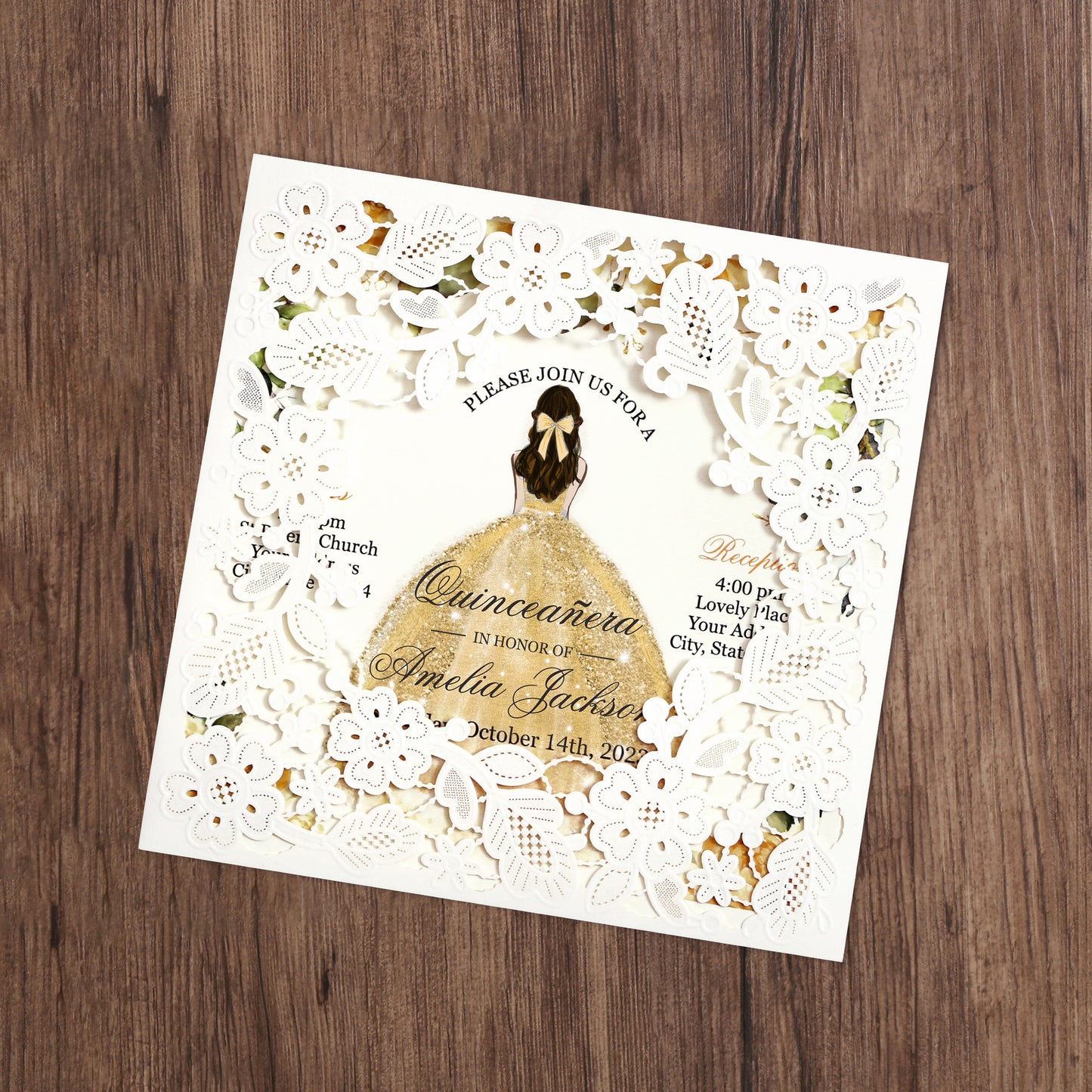 Customized Quinceanera Invitation Gold, Elegant 15 years Invitations Sweet 16, Miss XV, Birthday Laser Cut Quince Invitation Cards White Personalized