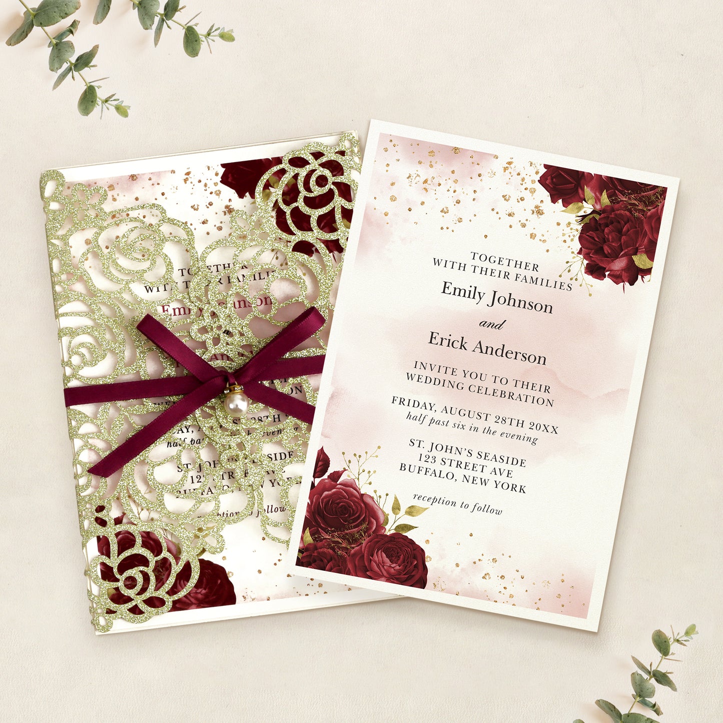 Gold Glitter Floral Laser cut invitation cards with Burgundy Ribbon and Pearl for Wedding Anniversary