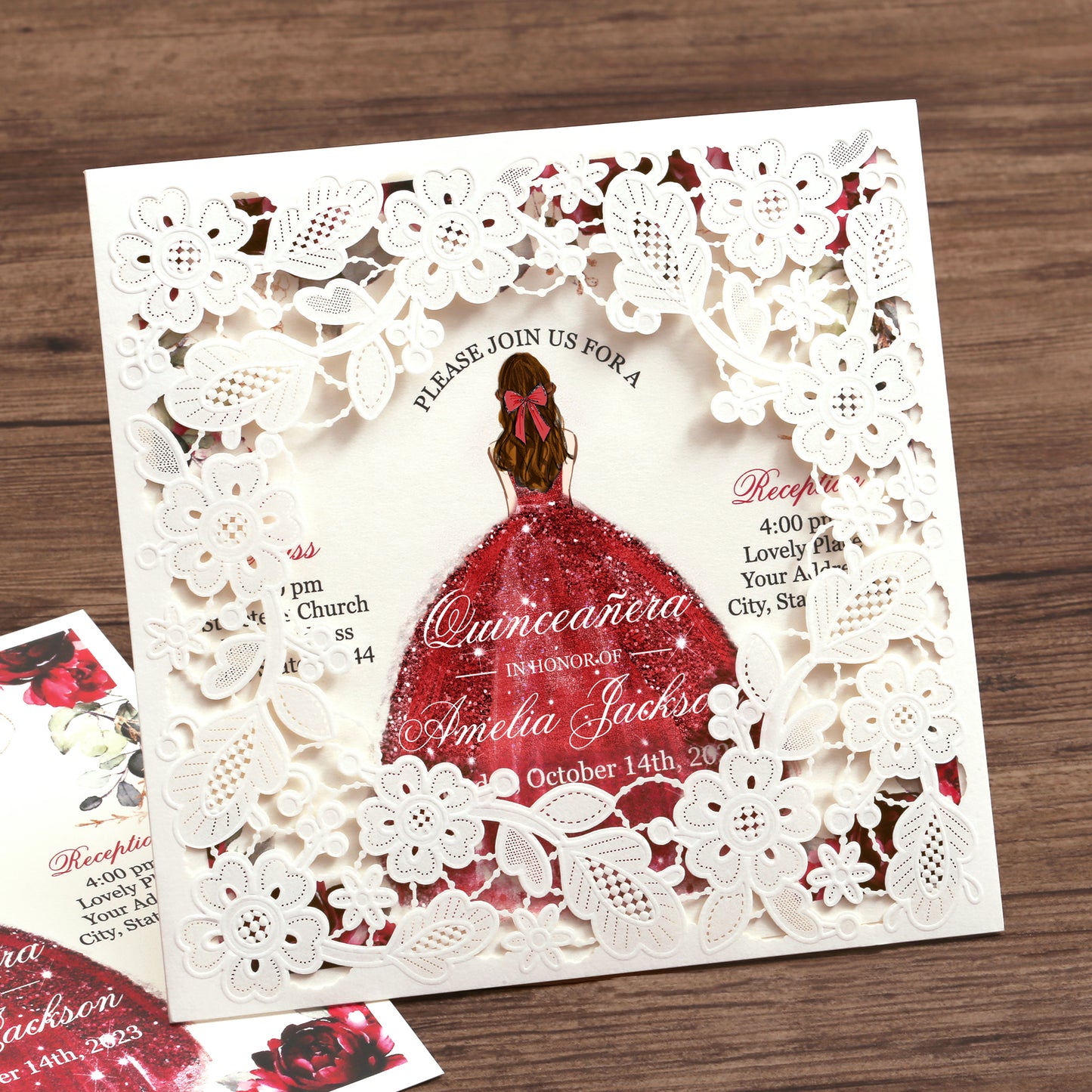 Customized Quinceanera Invitation Red, Elegant 15 years Invitations Sweet 16, Miss XV, Birthday Laser Cut Quince Invitation Cards White Personalized
