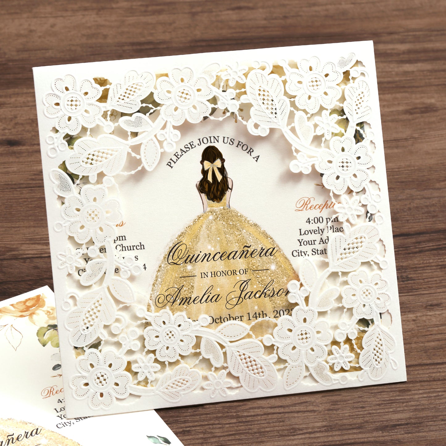 Customized Quinceanera Invitation Gold, Elegant 15 years Invitations Sweet 16, Miss XV, Birthday Laser Cut Quince Invitation Cards White Personalized
