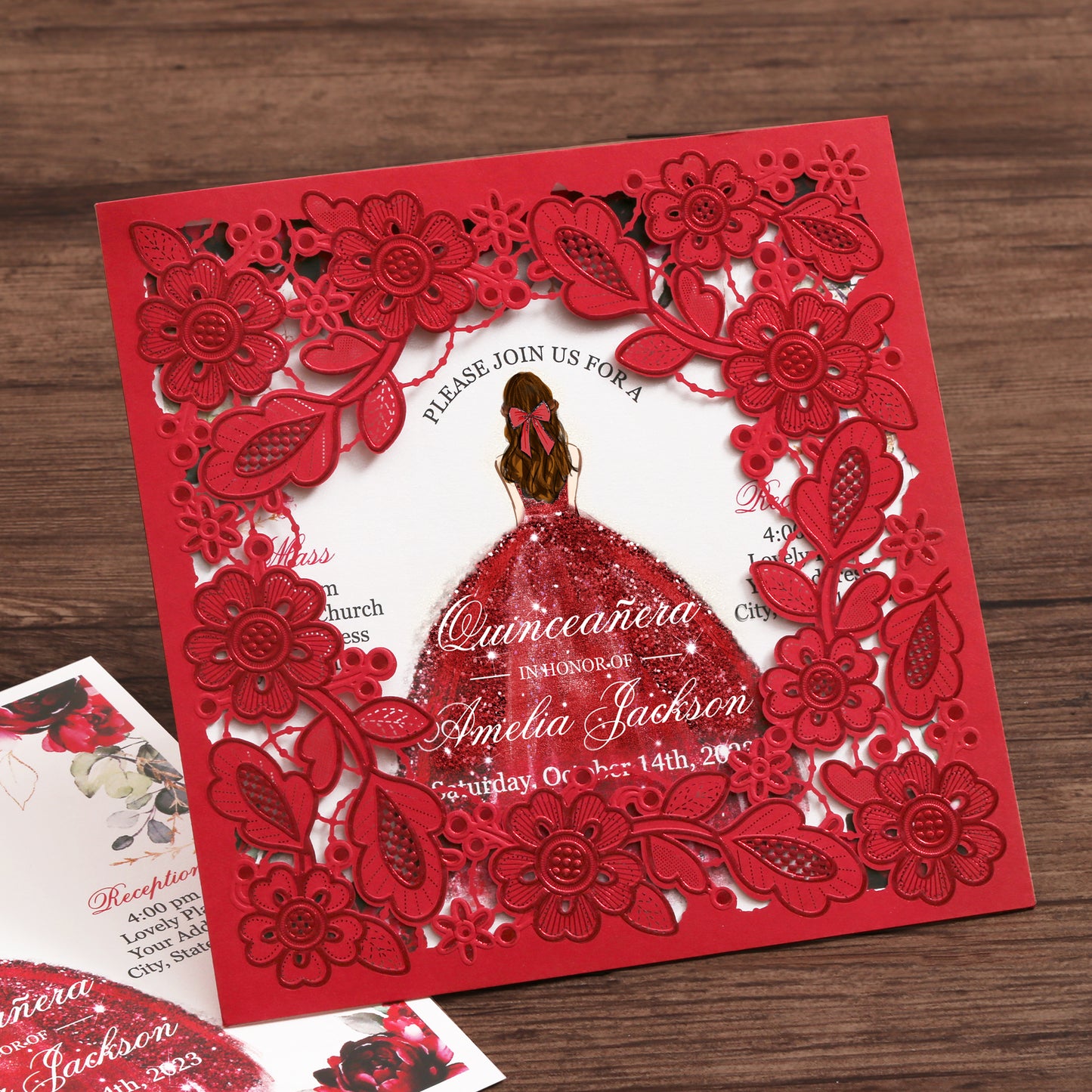 Customized Quinceanera Invitation Red, Elegant 15 years Invitations Sweet 16, Miss XV, Birthday Laser Cut Quince Invitation Cards Red Personalized