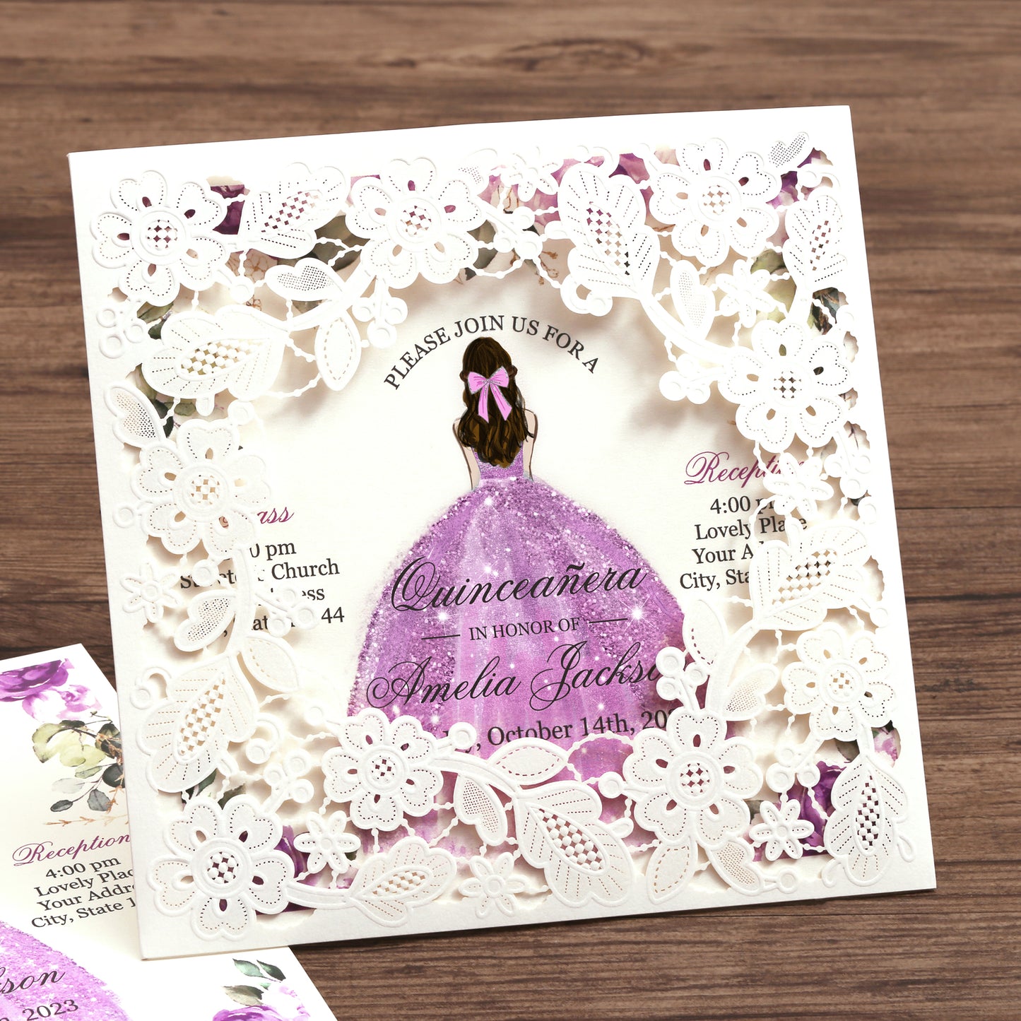 Customized Quinceanera Invitation Lilac, Elegant 15 years Invitations Sweet 16, Miss XV, Birthday Laser Cut Quince Invitation Cards White Personalized