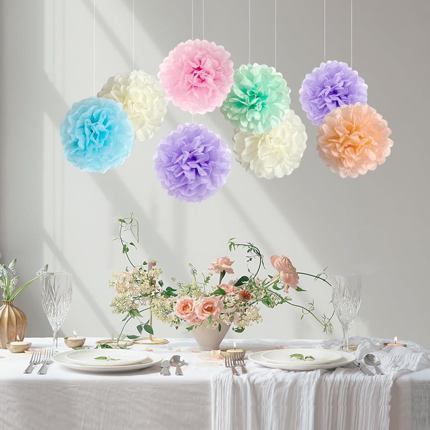 DreamBuilt Pastel Tissue Paper Pom Poms Party Decorations Rainbow Ice Cream Easter Macaron Flowers Wall Hanging Décor Supplies Birthday Bridal Baby Shower Colorful Pink Purple Peach Mint Green Blue Ivory