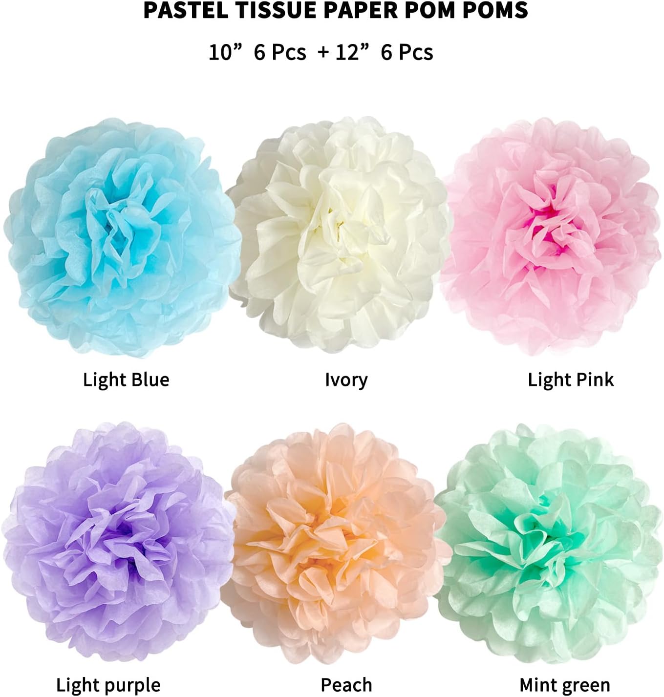 DreamBuilt Pastel Tissue Paper Pom Poms Party Decorations Rainbow Ice Cream Easter Macaron Flowers Wall Hanging Décor Supplies Birthday Bridal Baby Shower Colorful Pink Purple Peach Mint Green Blue Ivory