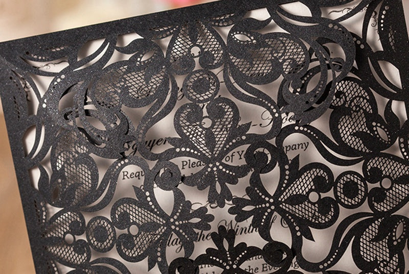 Square Black Lase-cut Lace Flower Pattern Wedding Invitations