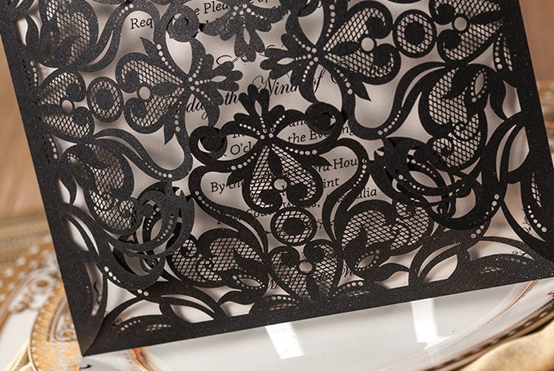 Square Black Lase-cut Lace Flower Pattern Wedding Invitations
